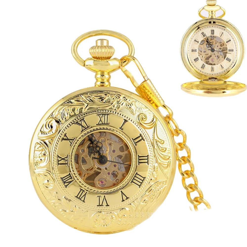 Mixed 4colors Antique Hollow Manual Retro Roman Mechanical Stainless Steel Pocket Watches