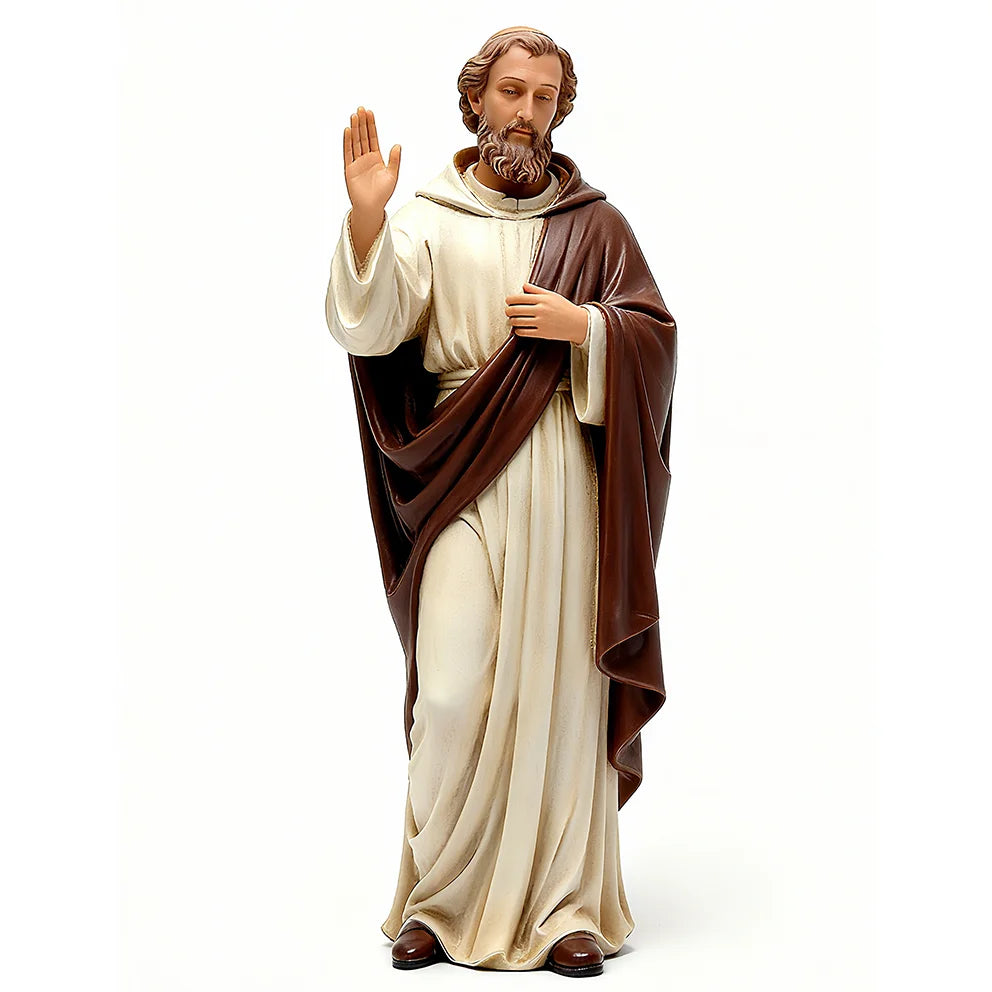 Resin Saint Statue with Raised Hand Blessing Gesture Beige-Robed Religious Figurine with Curly Hair and Beard