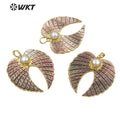 WT-JP261 WKT Newest Fashion Natural Grey Shell Feather Pendant Popular Hot Gold MOP Shell Jewelry Shell Pendant with Pearl