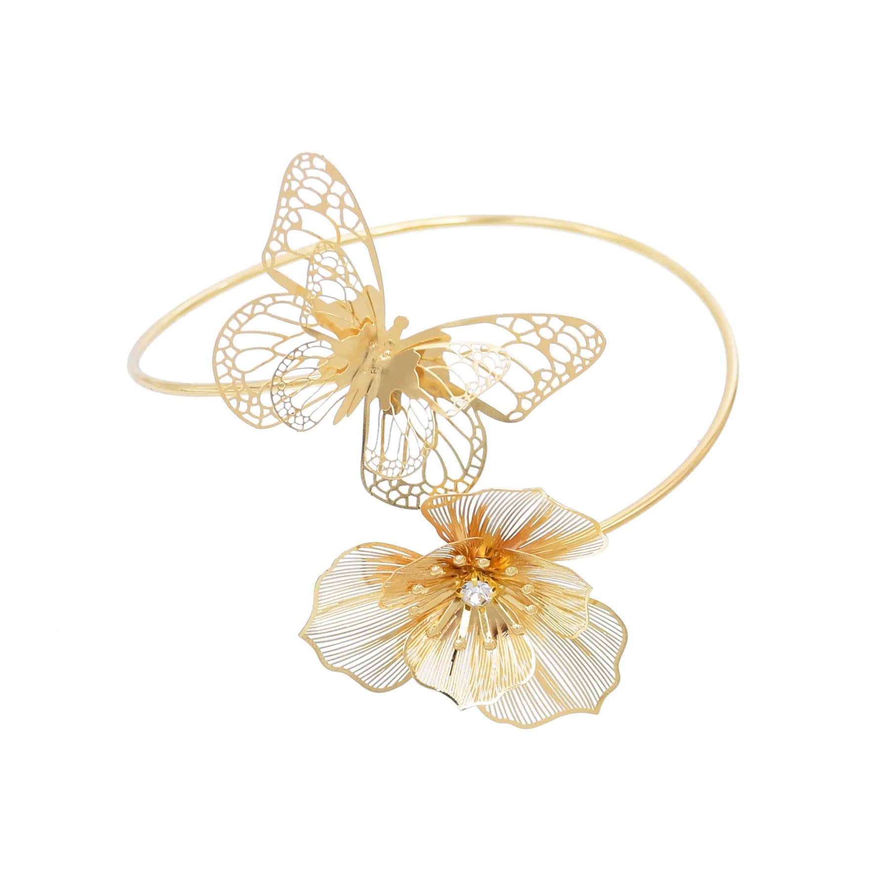 Elegant Gold Plated Butterfly Flower Cuff Bracelet for Women Wedding Fashion Accessory