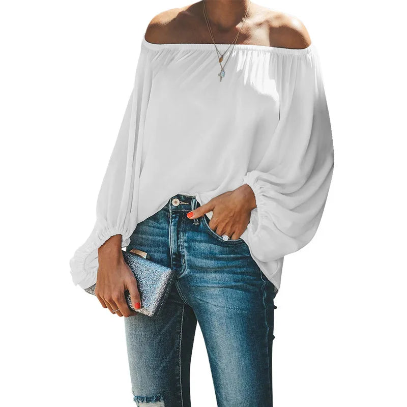 Autumn Women's Long Sleeve T-Shirts with Loose Lantern Sleeve Solid Color Plain Terry Fabric Simple Shoulder Design
