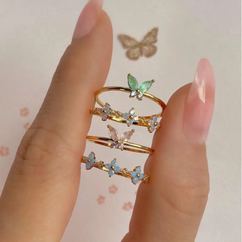 Hot Sale Exquisite Popular Blue Flower Ring Ins Style Inlaid Cute Heart Butterfly Zircon Ring for Women