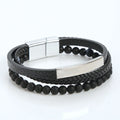 Vintage Stainless Steel Jewelry Unisex Braided Magnetic Clasp Beaded Leather Bracelet for Men