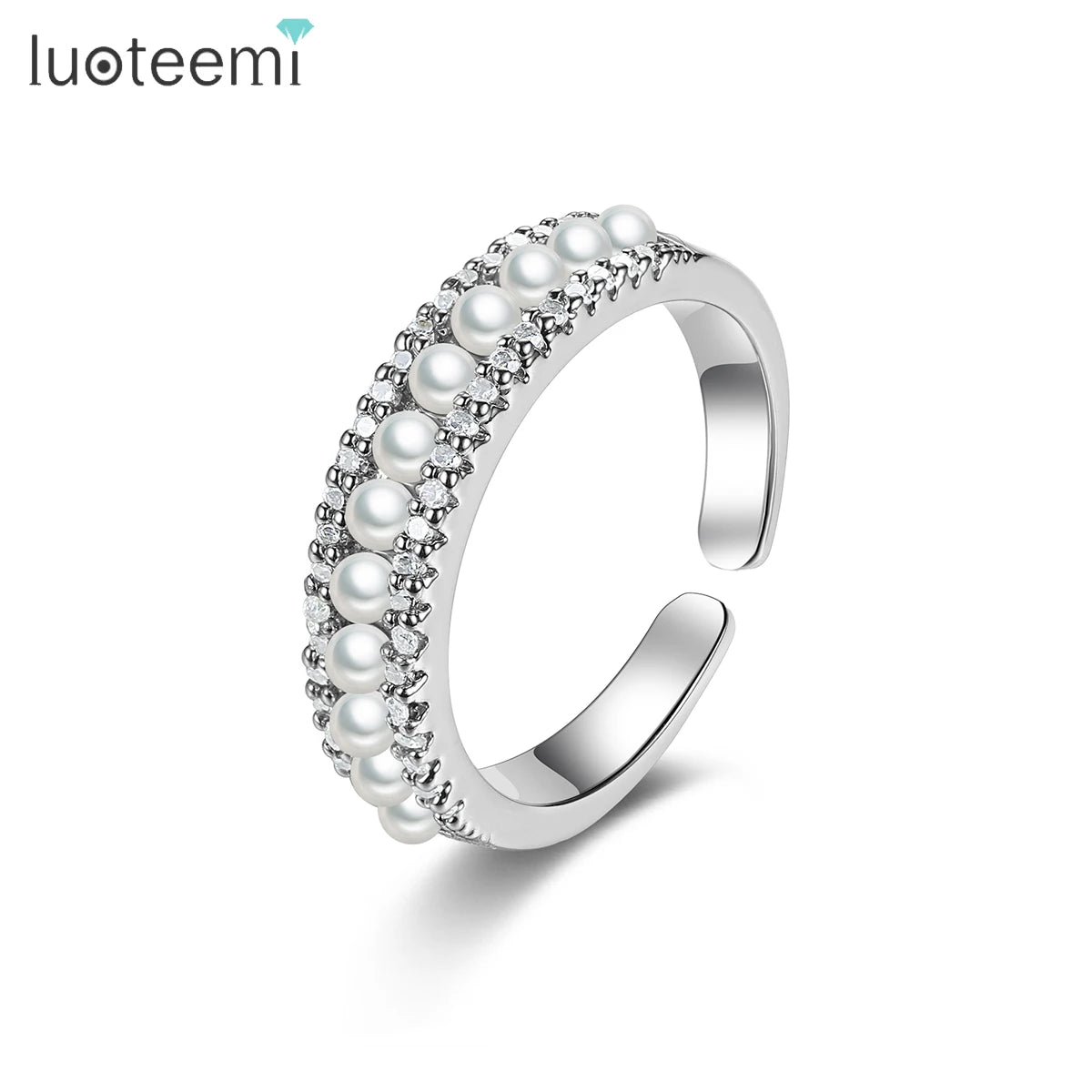 LUOTEEMI Temperament Daily Party Hand Finger Jewelry Shiny Zircon Imitation Pearl Opening Metal Rings for Women
