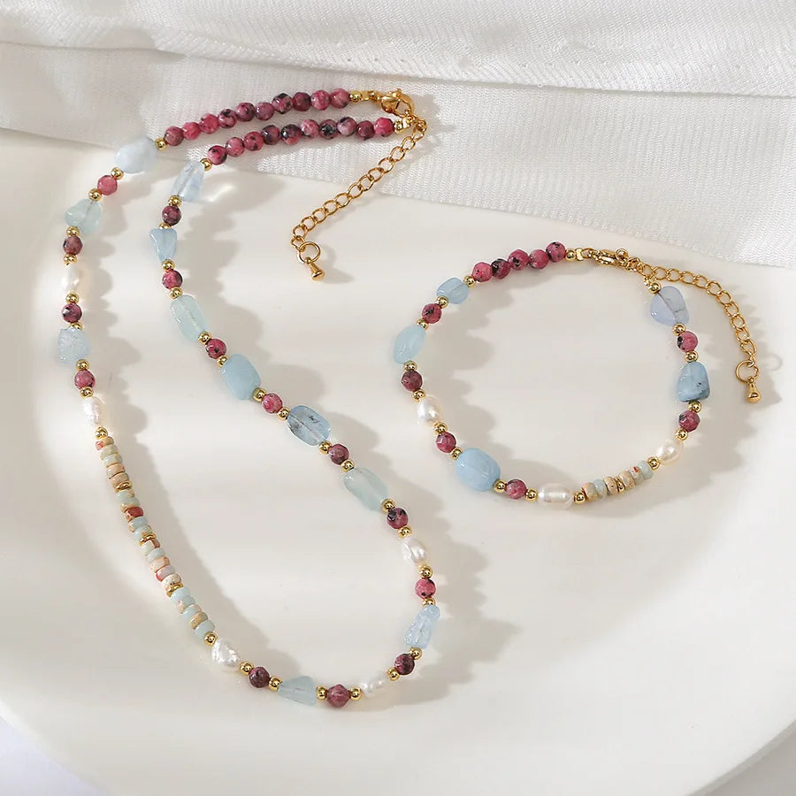 Vintage Natural Aquamarine Stone Necklace Set Gift Adjustable Red Granite Agalmatolite Beaded Necklaces for Women Jewelry