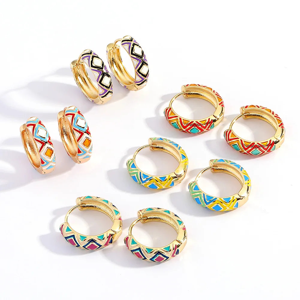Vintage Style Boho Hoop Earrings 20mm Geometric Pattern Enamel Multicolor Hoop Earrings Women
