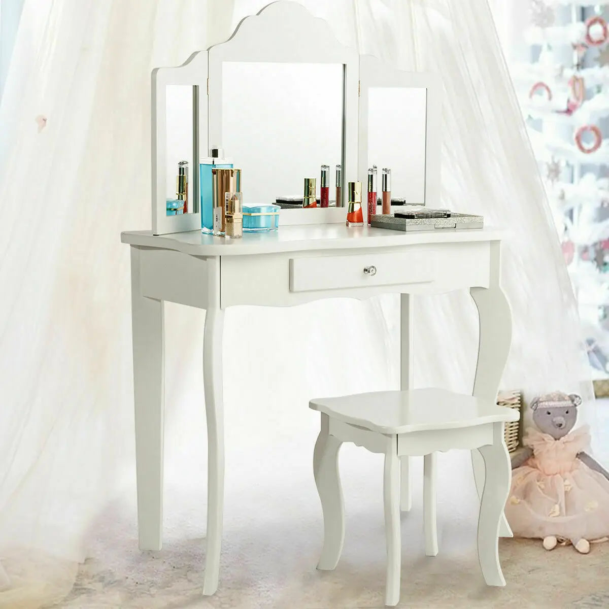 Children Modern Luxury Dresser Desk Girls Mirrored Makeup Dressing Table Wooden Vanity for Kids