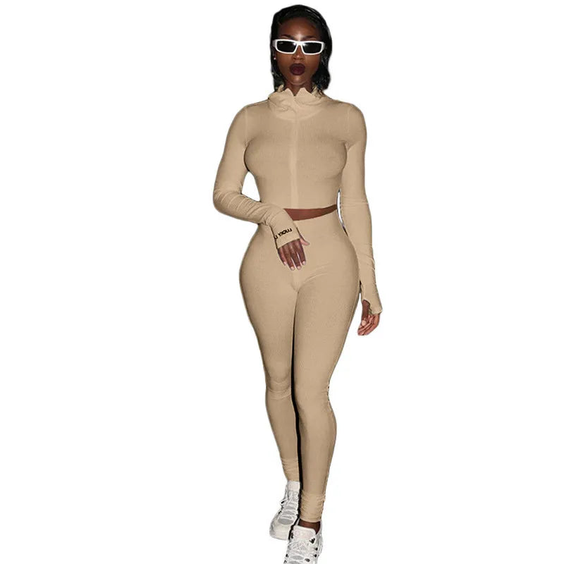 Trendy Knit Rib Lucky Label Tracksuit Long Sleeve Two Piece Set Women Fall Clothing 2 Piece Set
