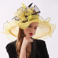 Fashion Ladies Yellow Headgear Church Wide Brim Party Wedding Bride Squad Jazz Organza Flower Luxury Fedora Hair Accessories Hat