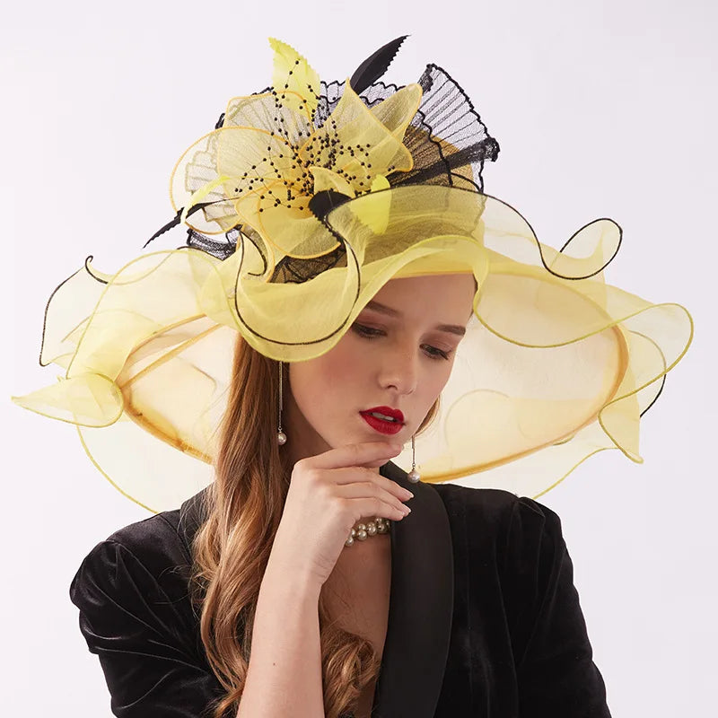 Fashion Ladies Yellow Headgear Church Wide Brim Party Wedding Bride Squad Jazz Organza Flower Luxury Fedora Hair Accessories Hat