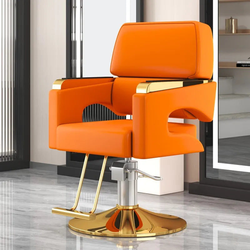 Modern Style Barber Chair Golden Steel Metal Base Synthetic Leather Massage Function Adjustable Footrest CE ISO Certified for