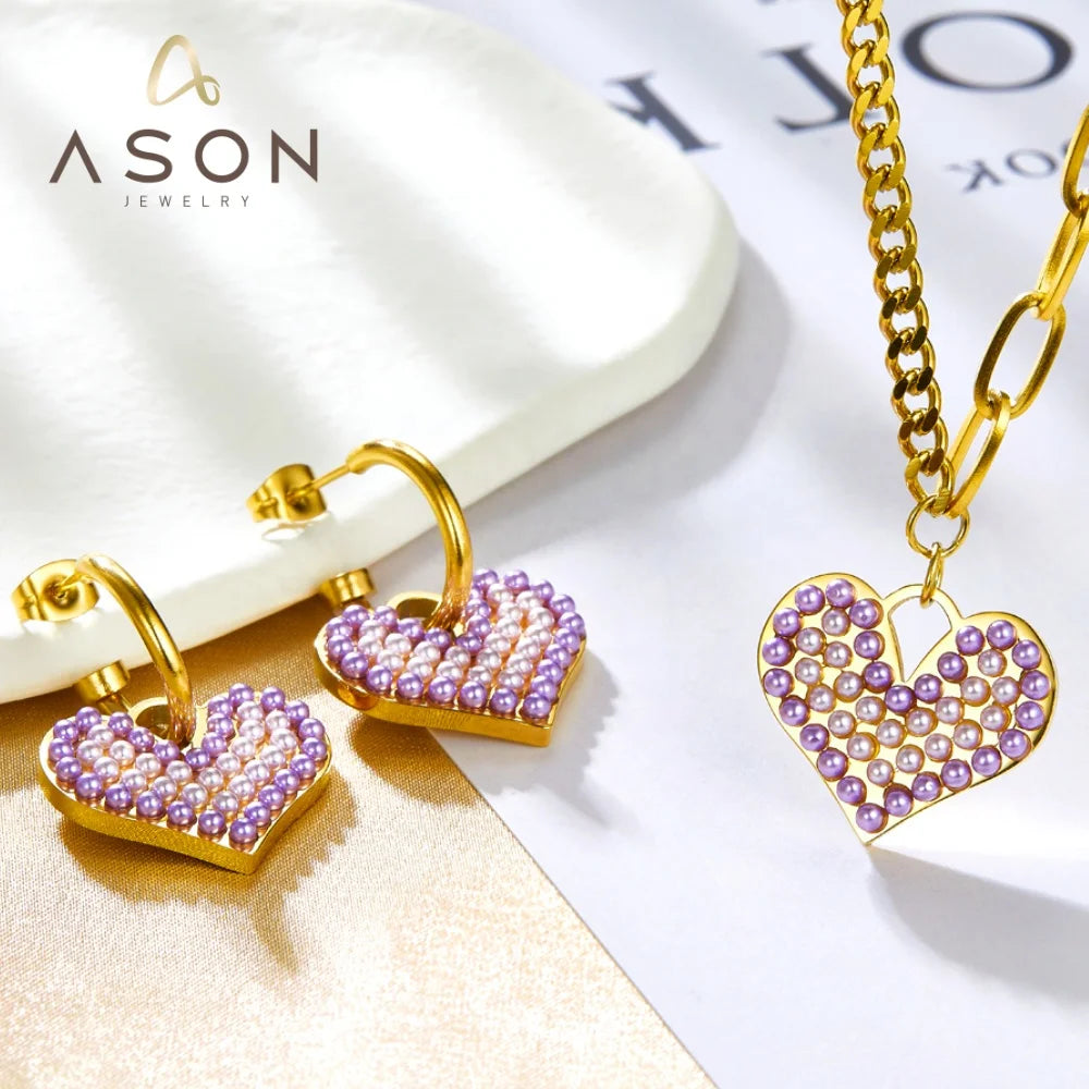 Ason Trend New Stainless Steel Jewelry Set Wholesale Mixed Color Pearl Heart Shape 18K Gold Plated Necklace Earrings Jewelry Set