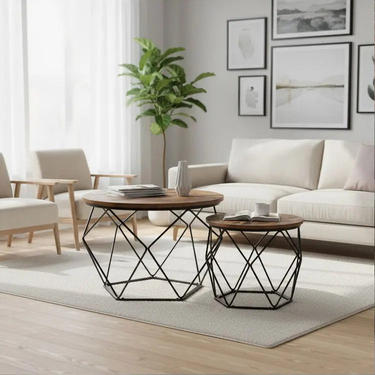 Premium Brown Coffee Table Sturdy Metal Frame Round Side Table Durable Industrial Wood Top End Table for Hotel Office & Home