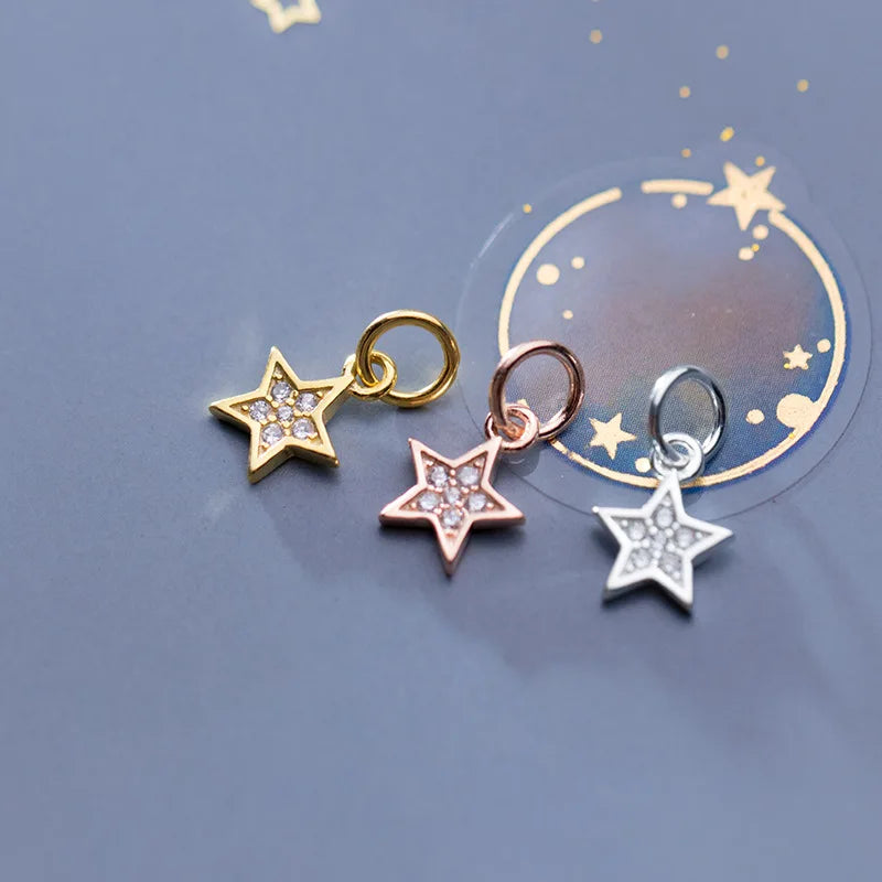 Cute Pendant 925 Sterling Silver Gold Plated Inlaid Zircon Pentagram Star Charm for DIY Jewelry Bracelet Necklace Making