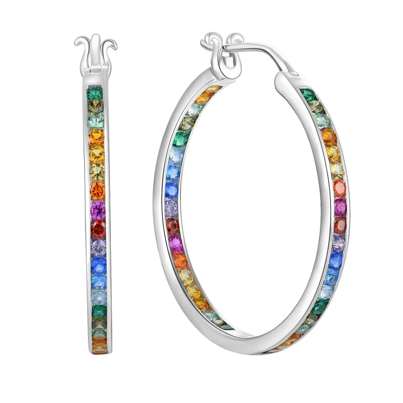 925 Sterling Silver Zircon Hoop Earrings Large Circle Rain Bow Fashion Jewelry Colorful Earrings Women