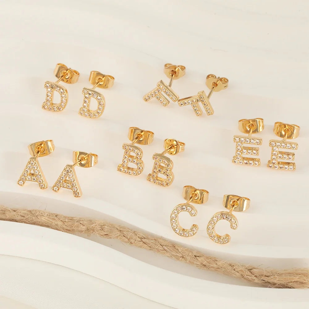 Women's 26 Alphabet Stud Earrings Elegant Copper Micro-Inlaid Zircon Gold Plated Fashionable Jewelry for Women Wholesale
