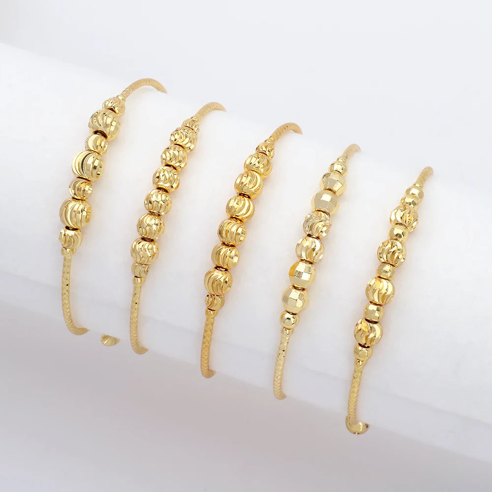 JXX 24K Gold Plated Bangle Jewelry Transfer Beaded Bracelet Bangle Adjustable Push Pull Gold Brass Bangle