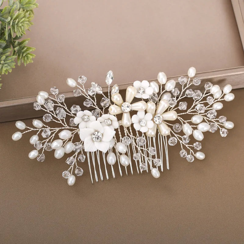 Handmade Rhinestone Crystal Ceramic Flower Pearl Leaf Wedding Hair Comb Bridal Headpiece Hair Accessories Women Jewelry