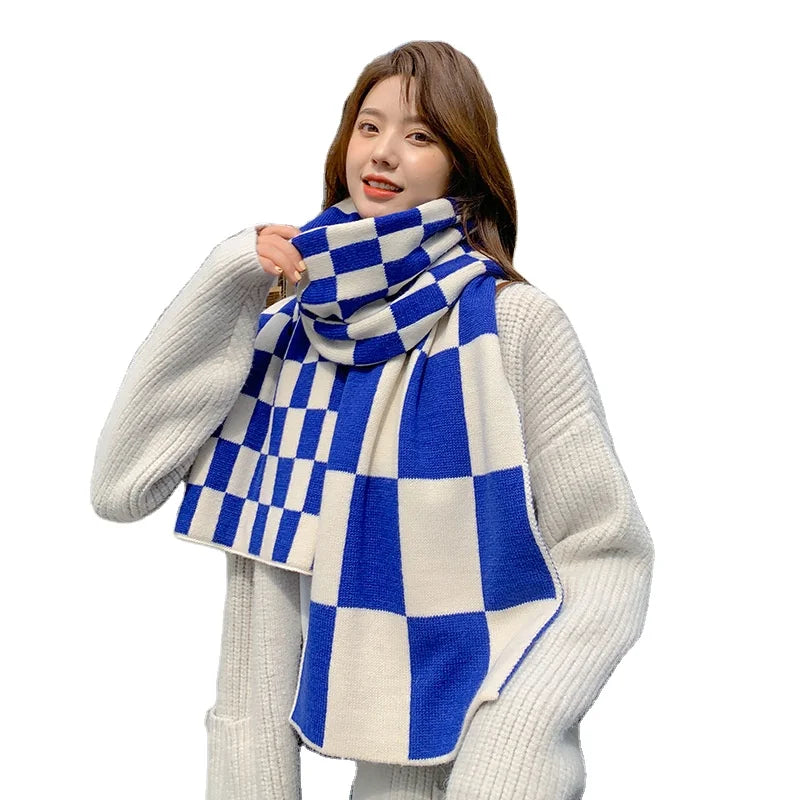 Jilong Klein Blue Chessboard Plaid Acrylic Knitted Scarf for Women Thickened Winter 25*160cm 140g