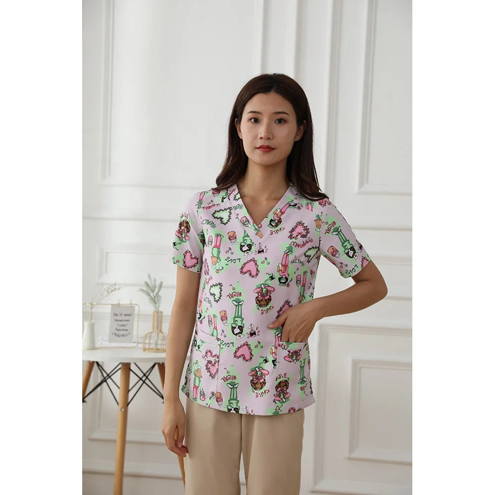 Wholesale Summer Women Cotton Printed Scrub Suit Scrubs Uniforms Medical Doctor Nurse Hospital Staff Uniform