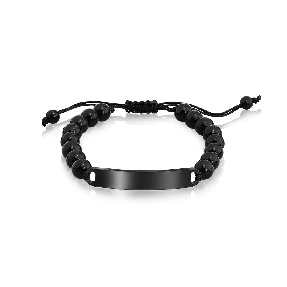 2024 New Wholesale Custom Stainless Steel Black  bar 6mm Obsidian Beaded Bracelet Adjustable Rope Bead Bracelet for Men Jewelry
