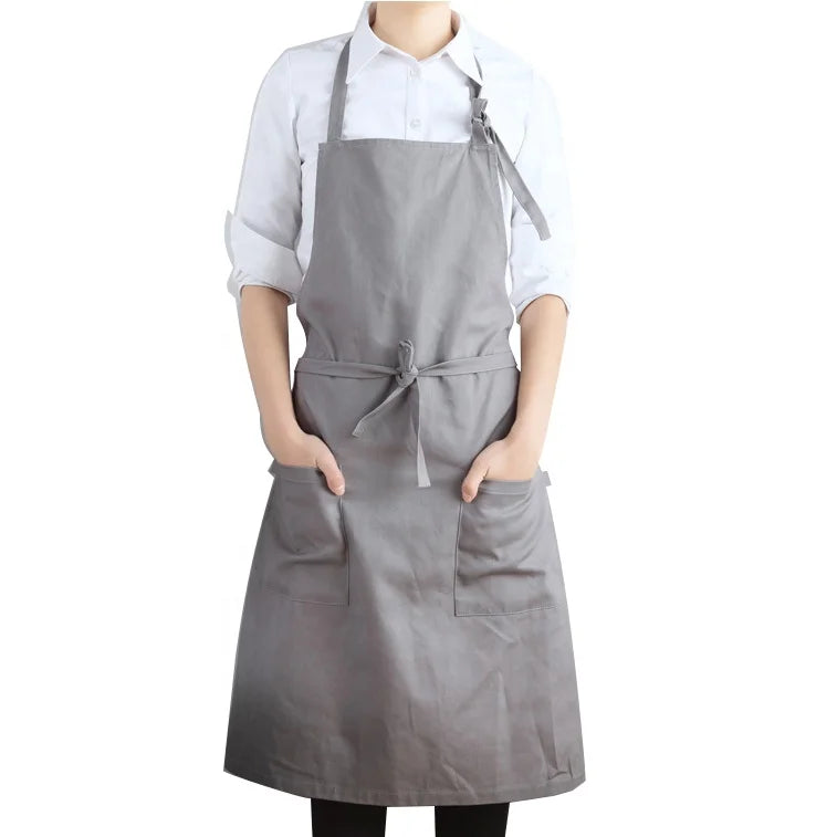 Grey Sleeveless 100% Cotton Canvas Twill Bib Apron with 2 Pockets Adjustable Waist Eco-Friendly Design