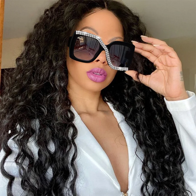 Women's Oversized Sunglasses Handmade Diamond-Studded Rhinestones Anti-Radiation PC Frame Blue Pink White Wholesale Sun Glasses