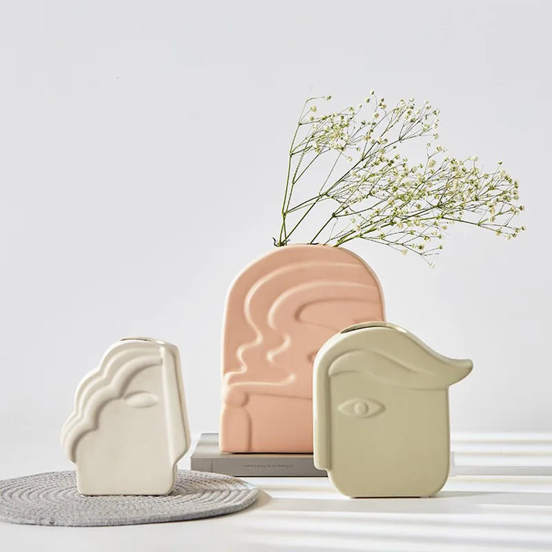 New Arrival Creative Flat Face Ceramic Vase Ins Style Wedding Centerpiece Living Room Flower Arrangement Modern Home Table Decor