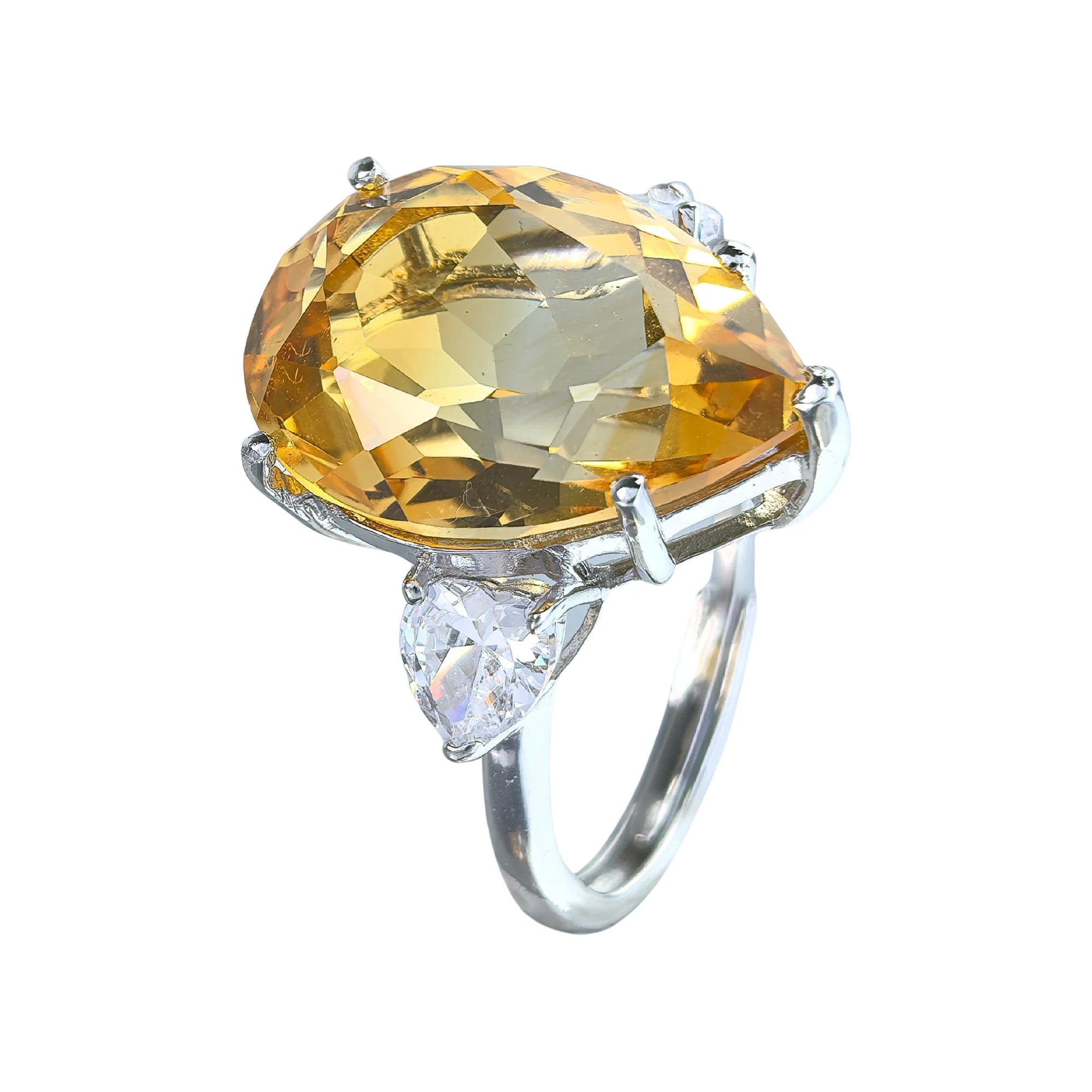 Factory Wholesale Rhodium Plated 925 Silver Pear Cut Natural Citrine Ring for Women Fine Rings