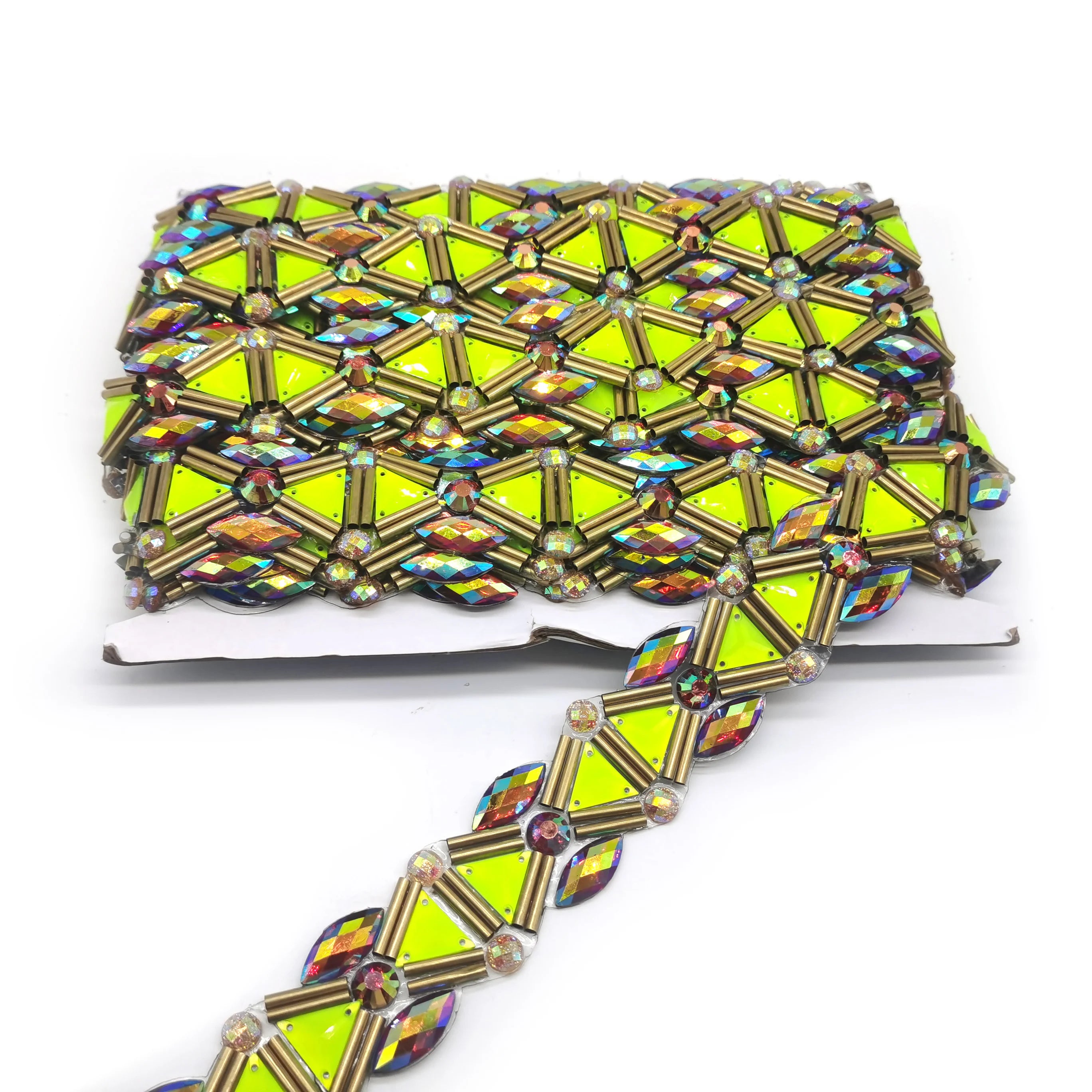 Wholesale Hot Fix Resin Rhinestone Trimming Applique Neon Yellow Beaded Trimming Accessories for Carnival Costume Creation