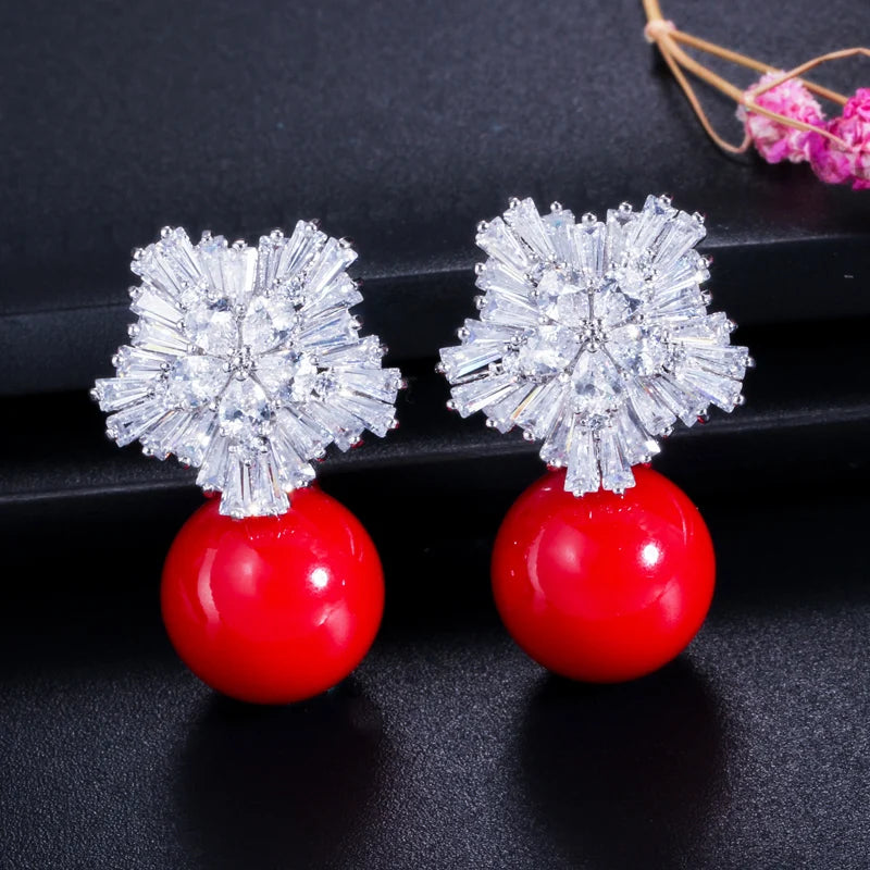 Fashion Silver Color Quality Cubic Zirconia Setting Large Flower Stud Drop Earrings with Red Pearl Wedding Jewelry for Women