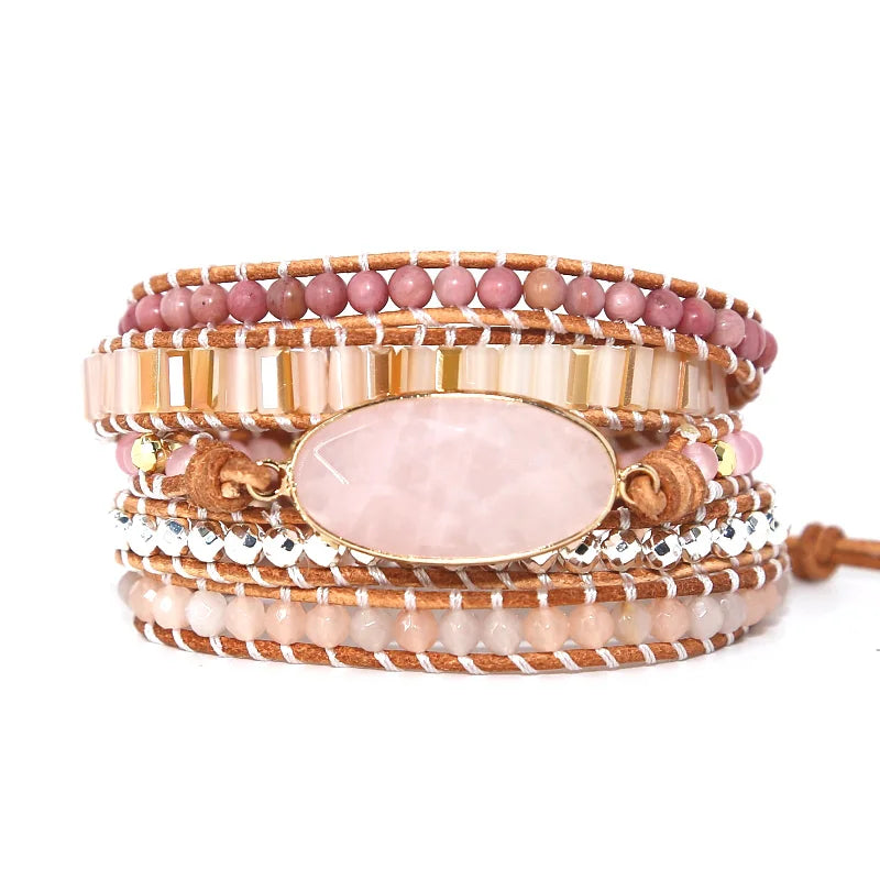 Wrap 2019 Natural Stone Women Beads Leather Bracelet Pink Quartz Crystal 5 Strands Woven Wrap Bracelets Bohemian Bracelet Brace
