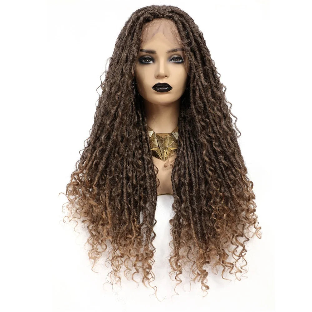 X-TRESS  Ombre Brown Colored Crochet Braids Wig Lace Front Soft Dreadlock Faux Locs Synthetic Wigs Straight Mix Curly Barids