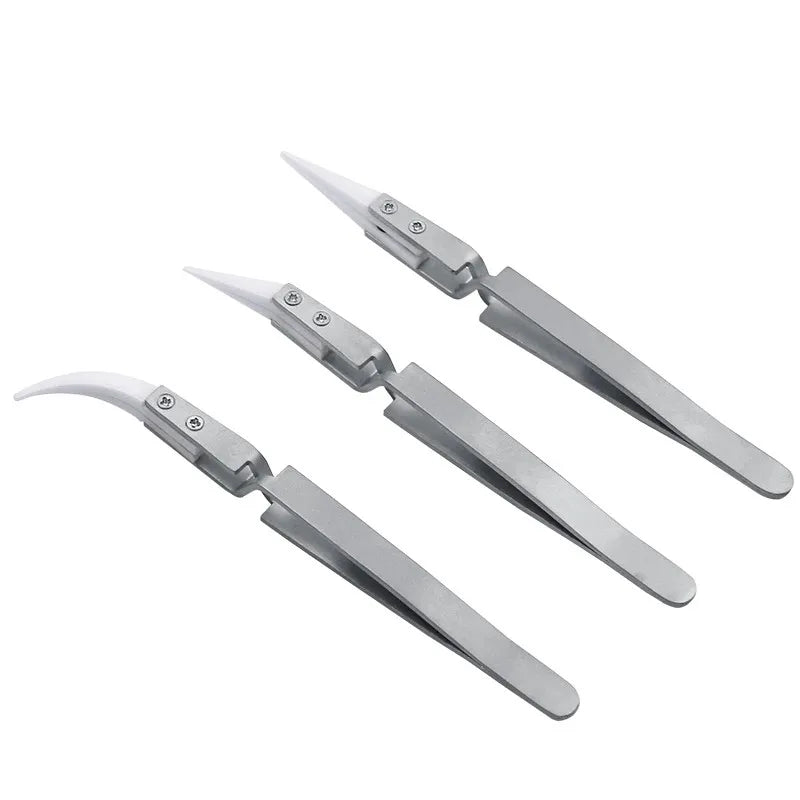 Anti-Static Reverse Ceramic Tweezers Stainless Steel Precision Heat Resistant Conductive Curved Tip Straight Tweezers