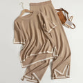 Wholesale 2026 Spring New Fashion Color Contrast Split Short Sleeve Knitwear High Waist Thin Wide Leg Trousers Women's Suit