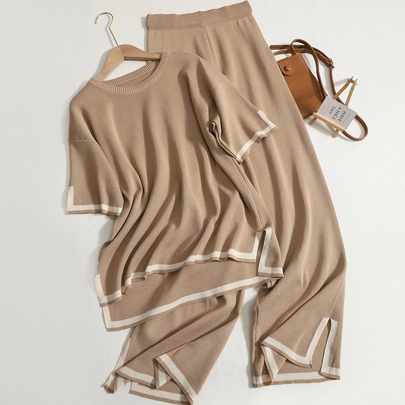 Wholesale 2026 Spring New Fashion Color Contrast Split Short Sleeve Knitwear High Waist Thin Wide Leg Trousers Women's Suit