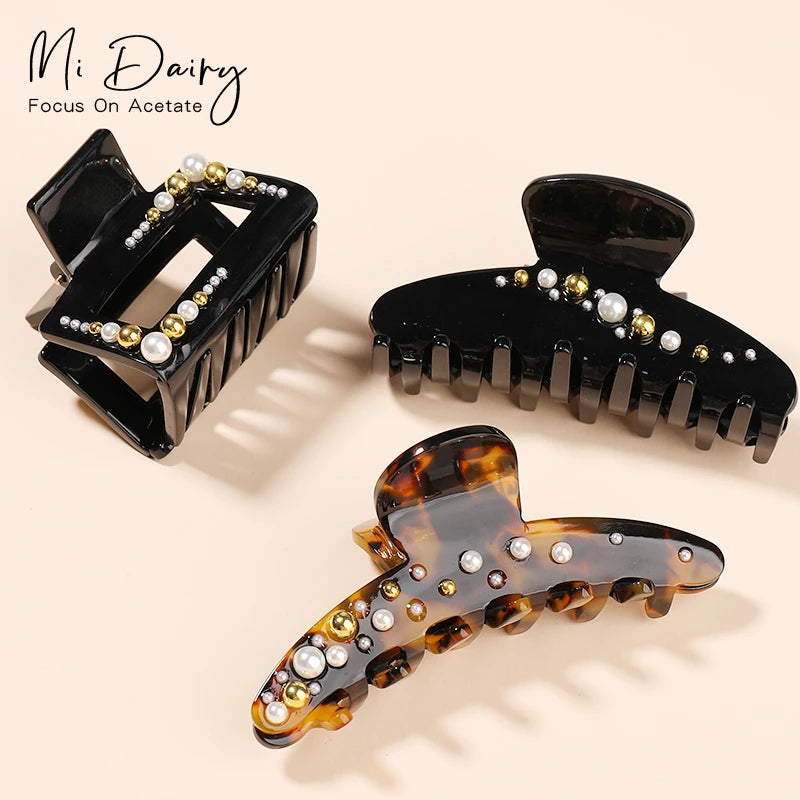 Mi Dairy Black Tortoise Shell Cellulose Acetate Pearl Hair Claw Clips for Women Girls