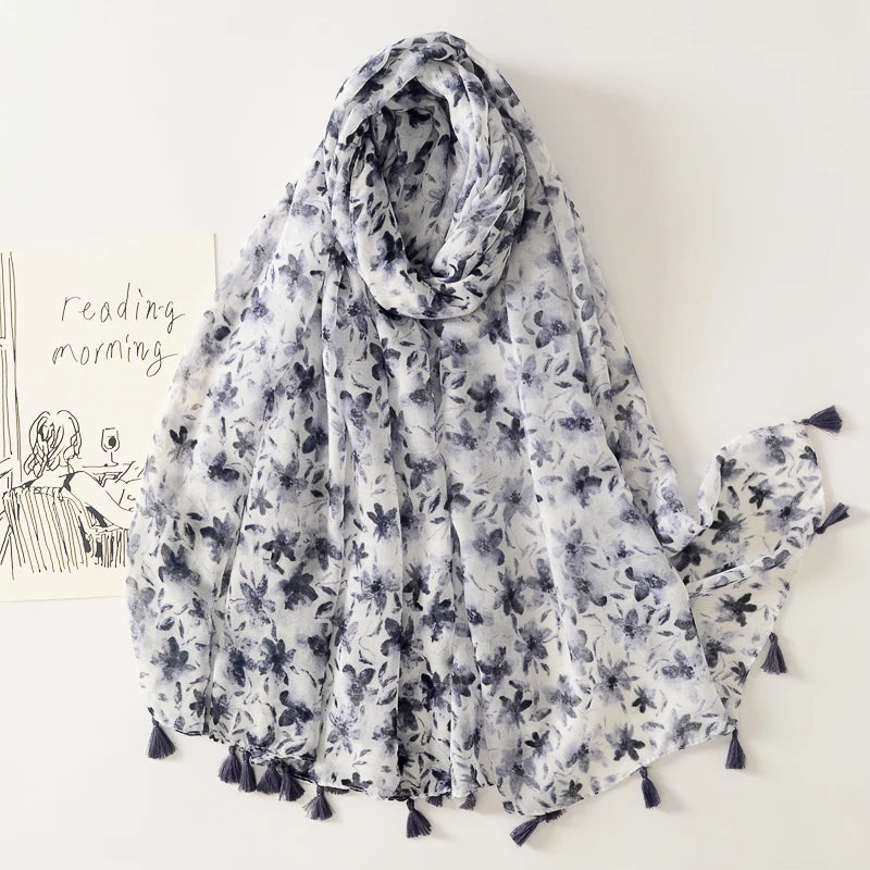 Factory Summer Gradient Flower Printed Cotton Voile Scarves Muslim Hijabs Women Elegant Floral Pattern Cotton Print Scarf Shawls
