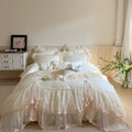 Premium Egyptian Cotton (Duvet Cover Padded Bedspread Pillowcase) French Princess-Style Luxurious Double-Layer Lace Bedding Set