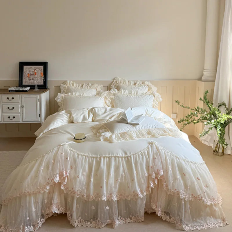 Premium Egyptian Cotton (Duvet Cover Padded Bedspread Pillowcase) French Princess-Style Luxurious Double-Layer Lace Bedding Set