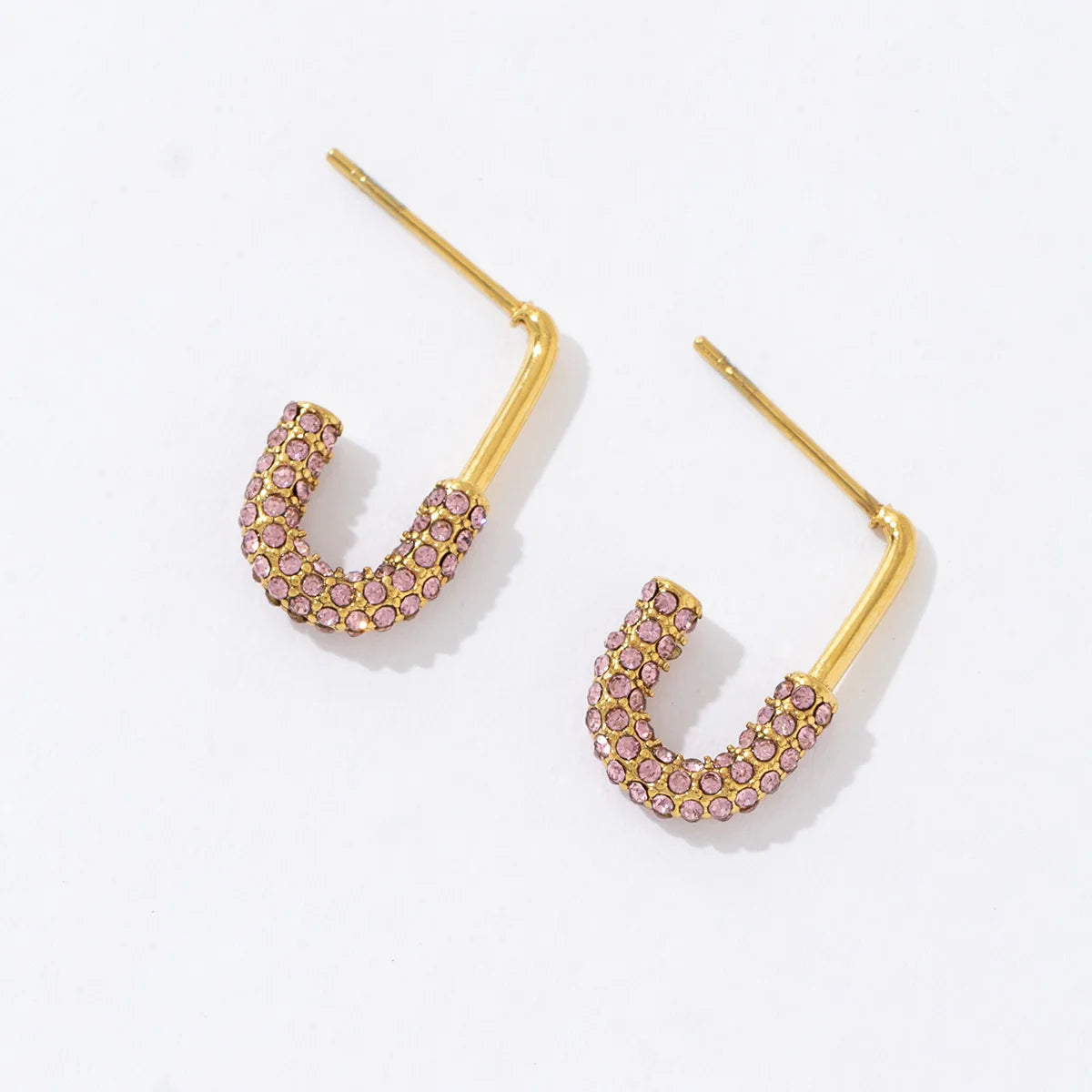Good Quality Personality U-Shape Female Stainless Steel Plated 18K Gold Pink Zircon Earrings