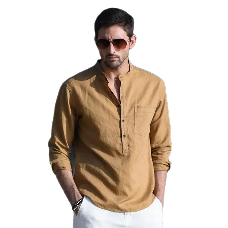 Linen/Cotton Stand Collar Casual Shirts Half Sleeve Custom Man Brand Long Sleeves Plus Size Breathable Men's T-shirts