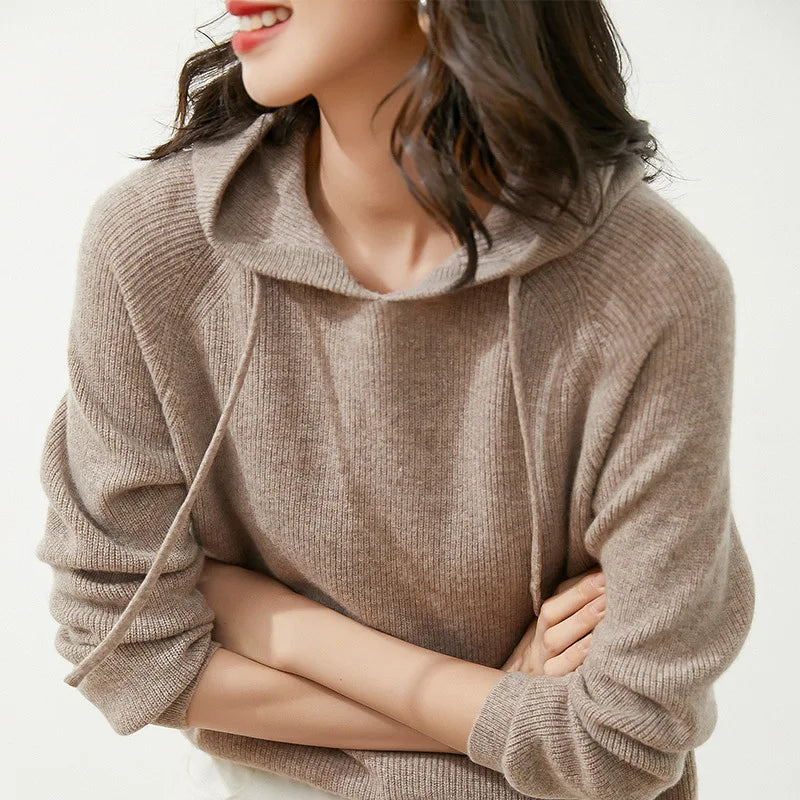 100% Wool Sweater Hoodie for Women Long Casual Cardigan Winter Warm Woolen Tops
