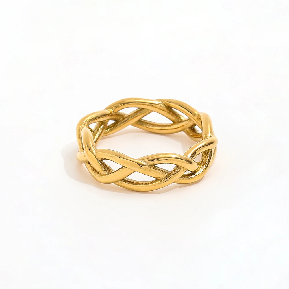 High End 18K Gold Plated Stainless Steel Jewelry Unisex Trendy Hollow Knit Rings with Link Chain for Parties and Gifts