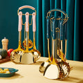 Luxury 7 Piece Stainless Steel Gold Home Kitchen Ceramic Handle Cooking Utensils Set With Storage Stand