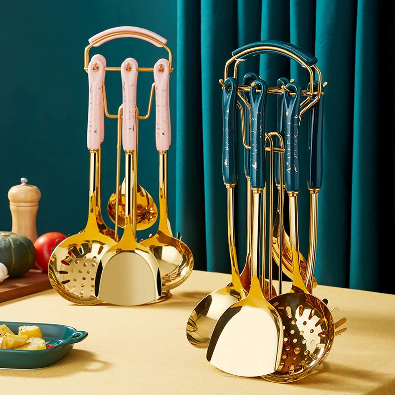 Luxury 7 Piece Stainless Steel Gold Home Kitchen Ceramic Handle Cooking Utensils Set With Storage Stand