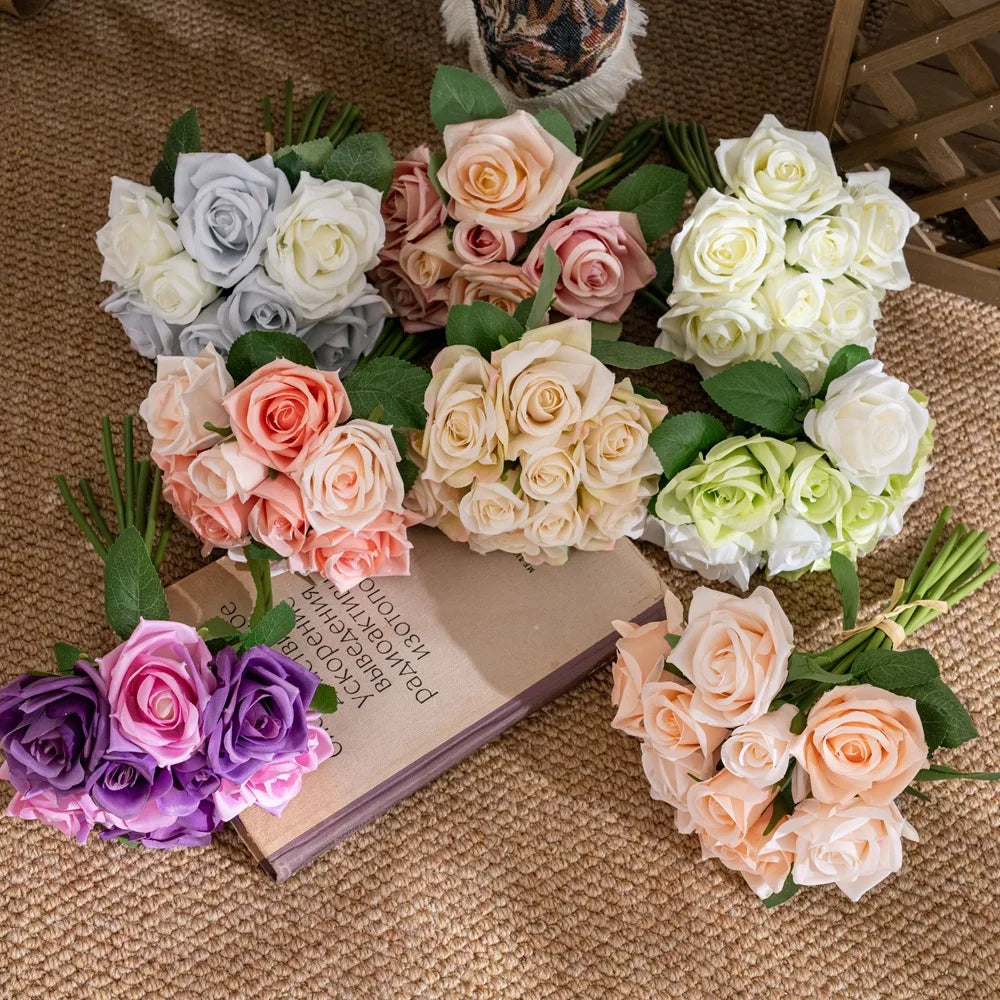 Wholesale Artificial Flower 9 Head Rose Bunch Bride Holding Flowers Wedding Decoration Artificial Rose Bouquet
