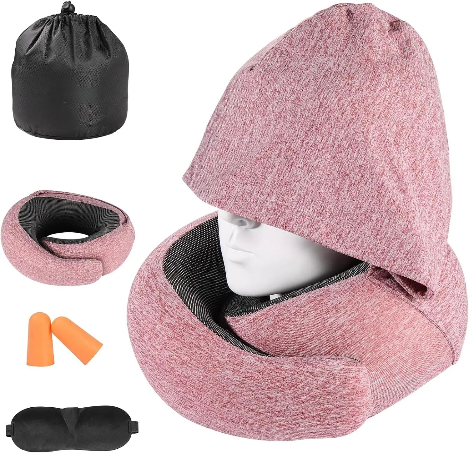 Ergonomic Portable Wearable O-Shape Memory Foam Hooded Travel Neck Pillow for Airplane Use