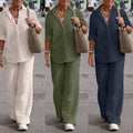 Custom Women's Two-piece Suit Set Lapel Long-sleeved Cotton Cotton Linen Shirt Spring Summer Casual Solid Wide-leg Long Pant