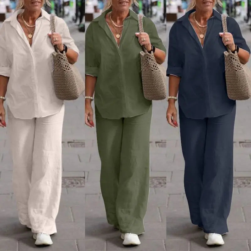 Custom Women's Two-piece Suit Set Lapel Long-sleeved Cotton Cotton Linen Shirt Spring Summer Casual Solid Wide-leg Long Pant